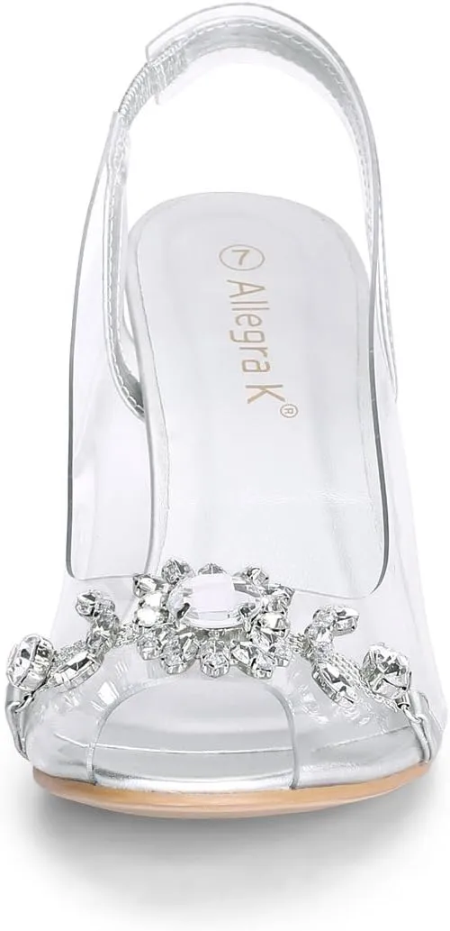 Allegra K Women's Clear Slingback Flower Rhinestone Peep Toe Heels Sandals