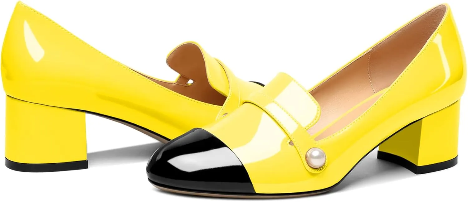 AUMOTED Women's Block Heels Pumps Slip On Chunky Low Heels Round Cap Toe with Pearl Pumps for Wedding Party Office Classic Patent Leather Dress Shoes 2 Inches