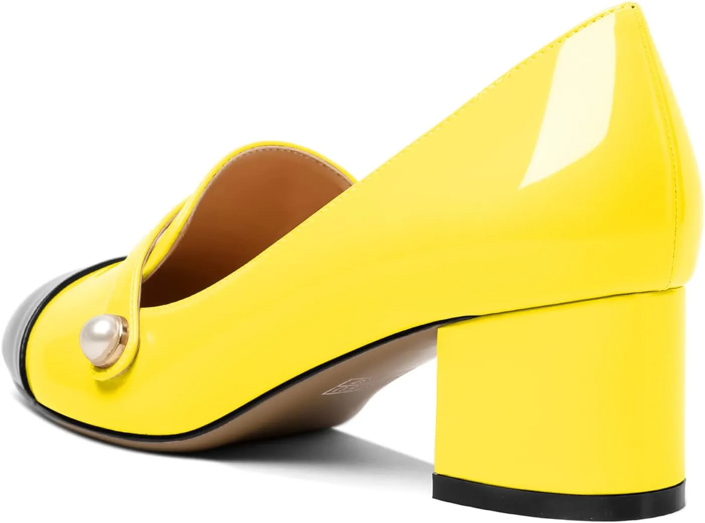 AUMOTED Women's Block Heels Pumps Slip On Chunky Low Heels Round Cap Toe with Pearl Pumps for Wedding Party Office Classic Patent Leather Dress Shoes 2 Inches