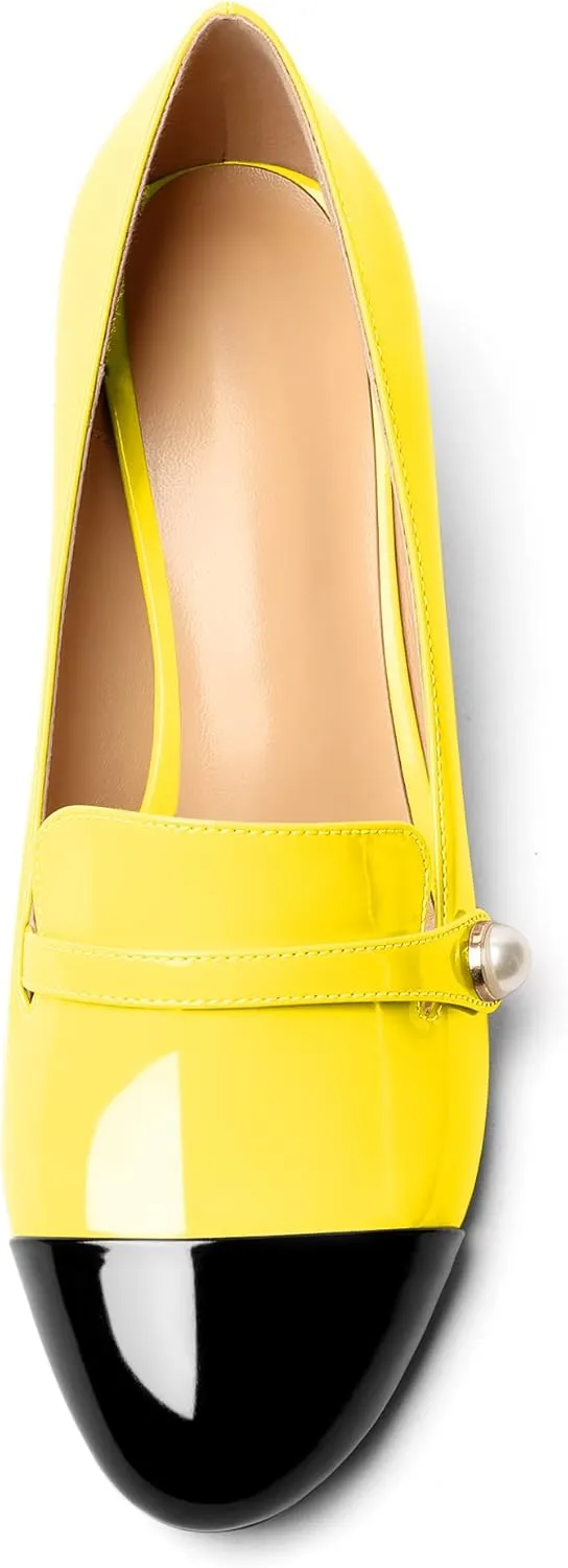 AUMOTED Women's Block Heels Pumps Slip On Chunky Low Heels Round Cap Toe with Pearl Pumps for Wedding Party Office Classic Patent Leather Dress Shoes 2 Inches