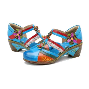 CrazycatZ Women's Leather Mary Jane Shoes Vintage Bohemian Colorful Shoes