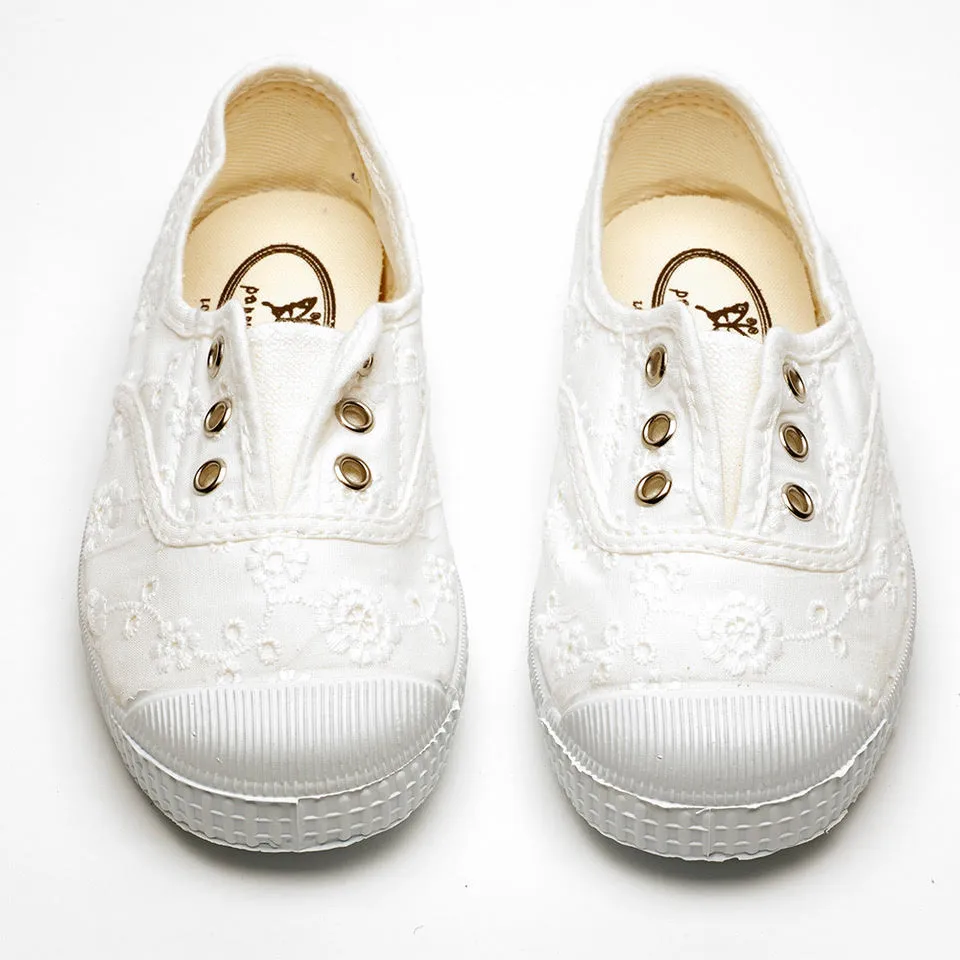 Darcie White Canvas Broderie Slip-ons