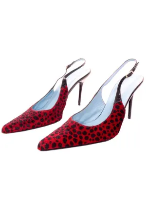 Dolce & Gabbana Animal Print Shoes in Red & Black Spotted Fur Slingback Heels 38.5