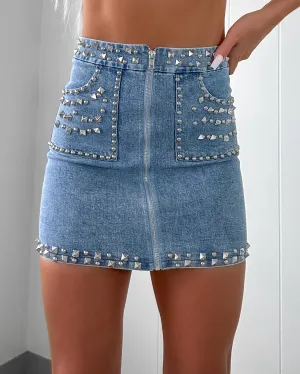 Edgy Chic Denim Studded Skirt