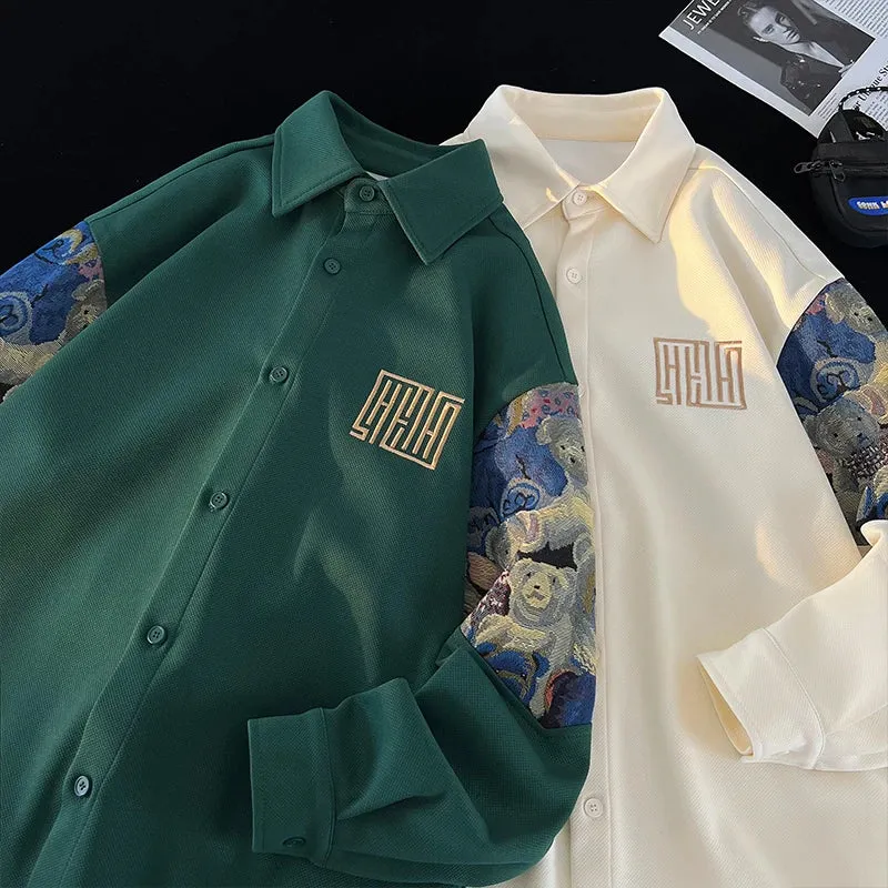 Embroidery Bear Patchwork Long Sleeve Shirt