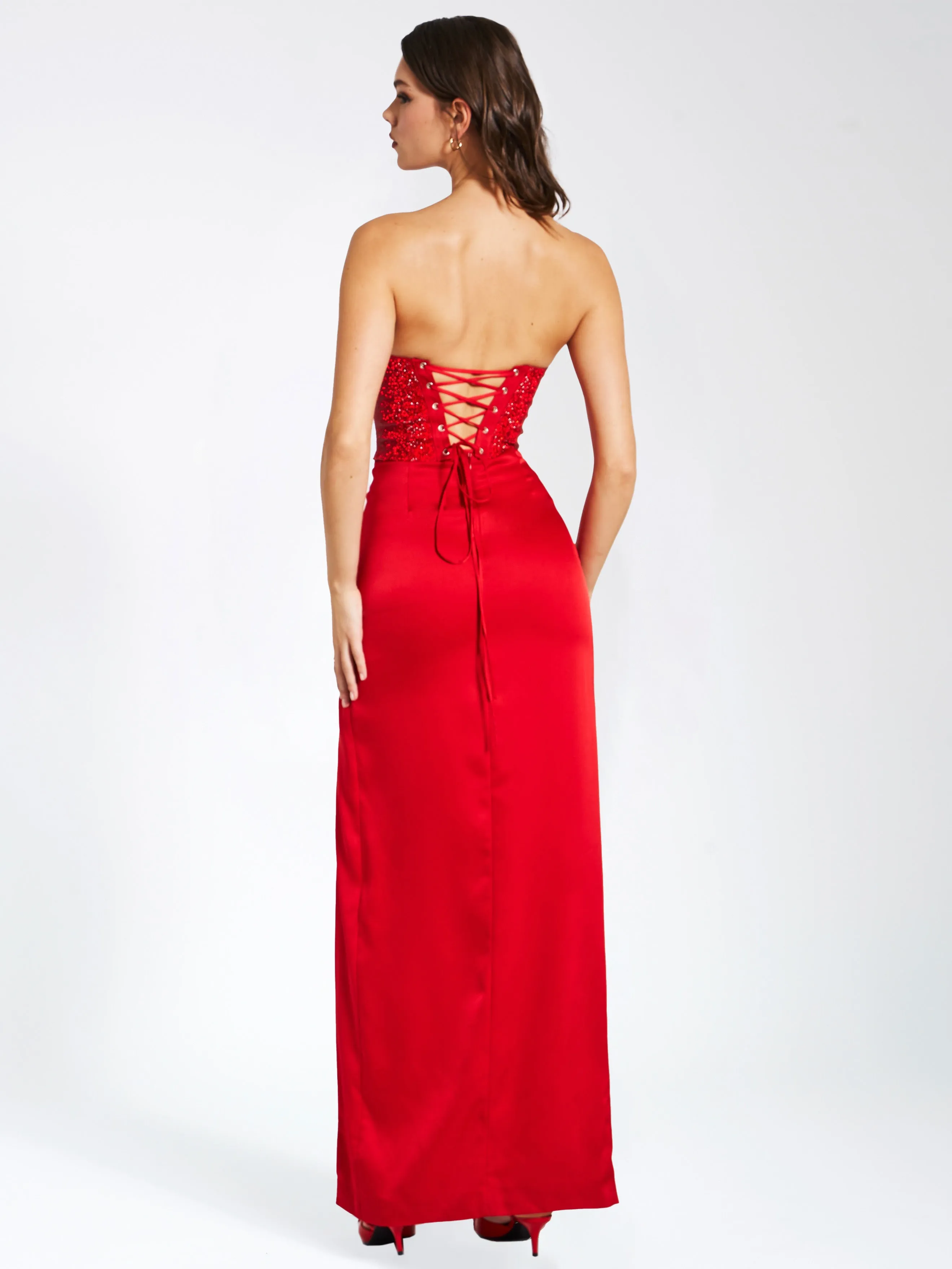 Kadesha Red Crystal High Slit Satin Corset Gown