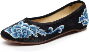 LUXINYU Women's Slip on Flats,Traditional Chinese Style Embroidered Round Toe Ballet Flats Shoes
