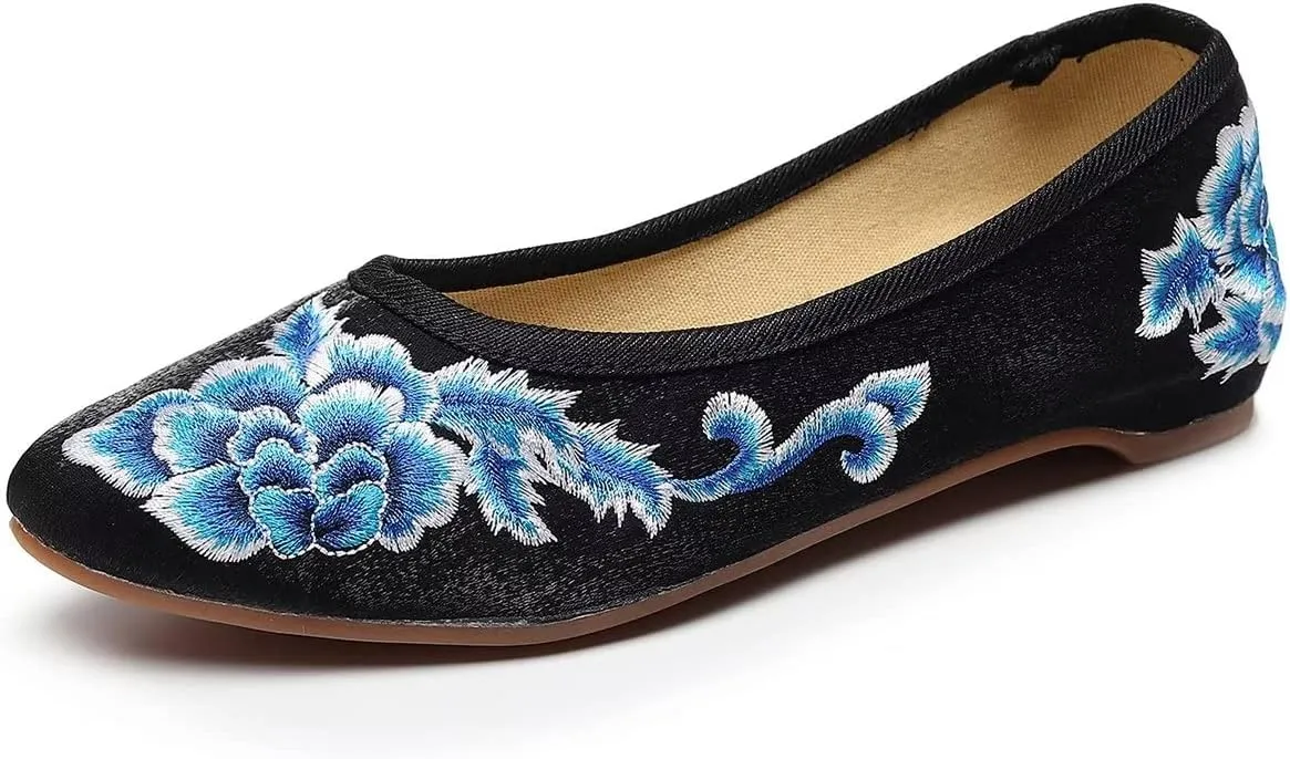 LUXINYU Women's Slip on Flats,Traditional Chinese Style Embroidered Round Toe Ballet Flats Shoes