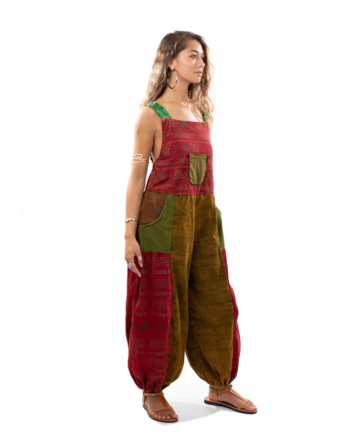 Patchwork Ohm Mandala Dungarees Red/Green