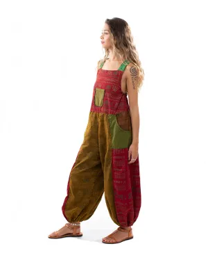 Patchwork Ohm Mandala Dungarees Red/Green