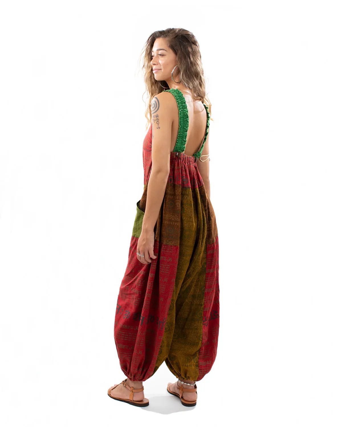 Patchwork Ohm Mandala Dungarees Red/Green