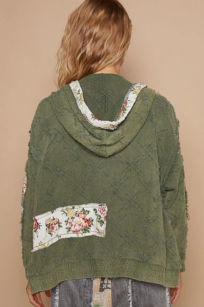 POL Olive Textured Floral Patchwork Zip Up Jacket