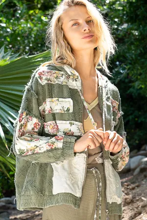POL Olive Textured Floral Patchwork Zip Up Jacket