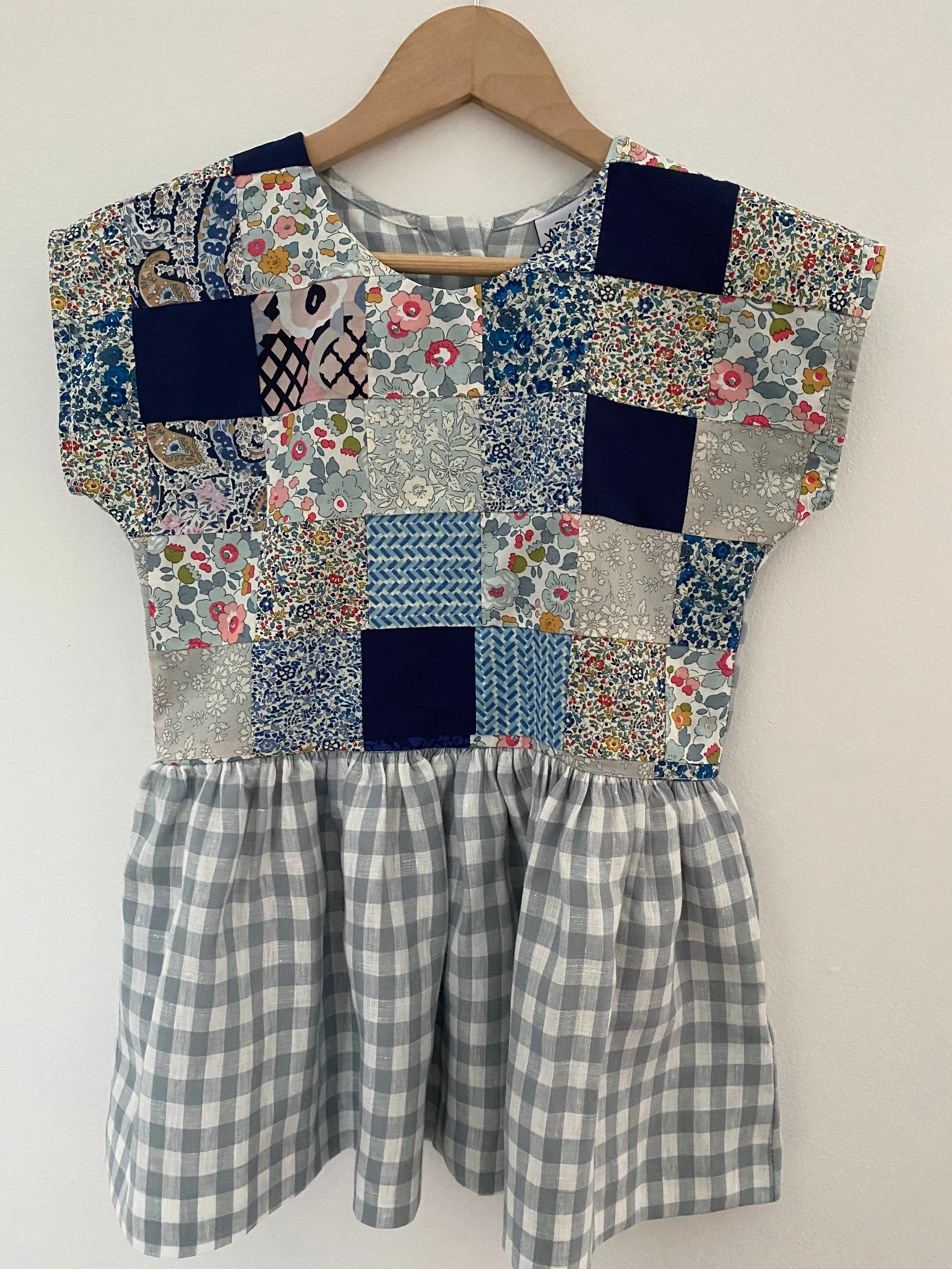 Pretty Wild Kids Maggie Patch Dress Blue Check Linen