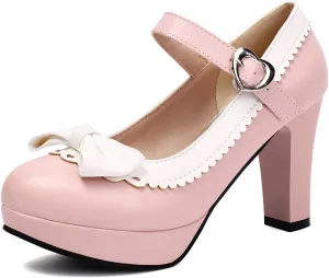SACFOF Woman's High Heel Lolita Shoes Platform Cute Bowknot Mary Jane Shoes Dress Round Toe Pumps Shoes