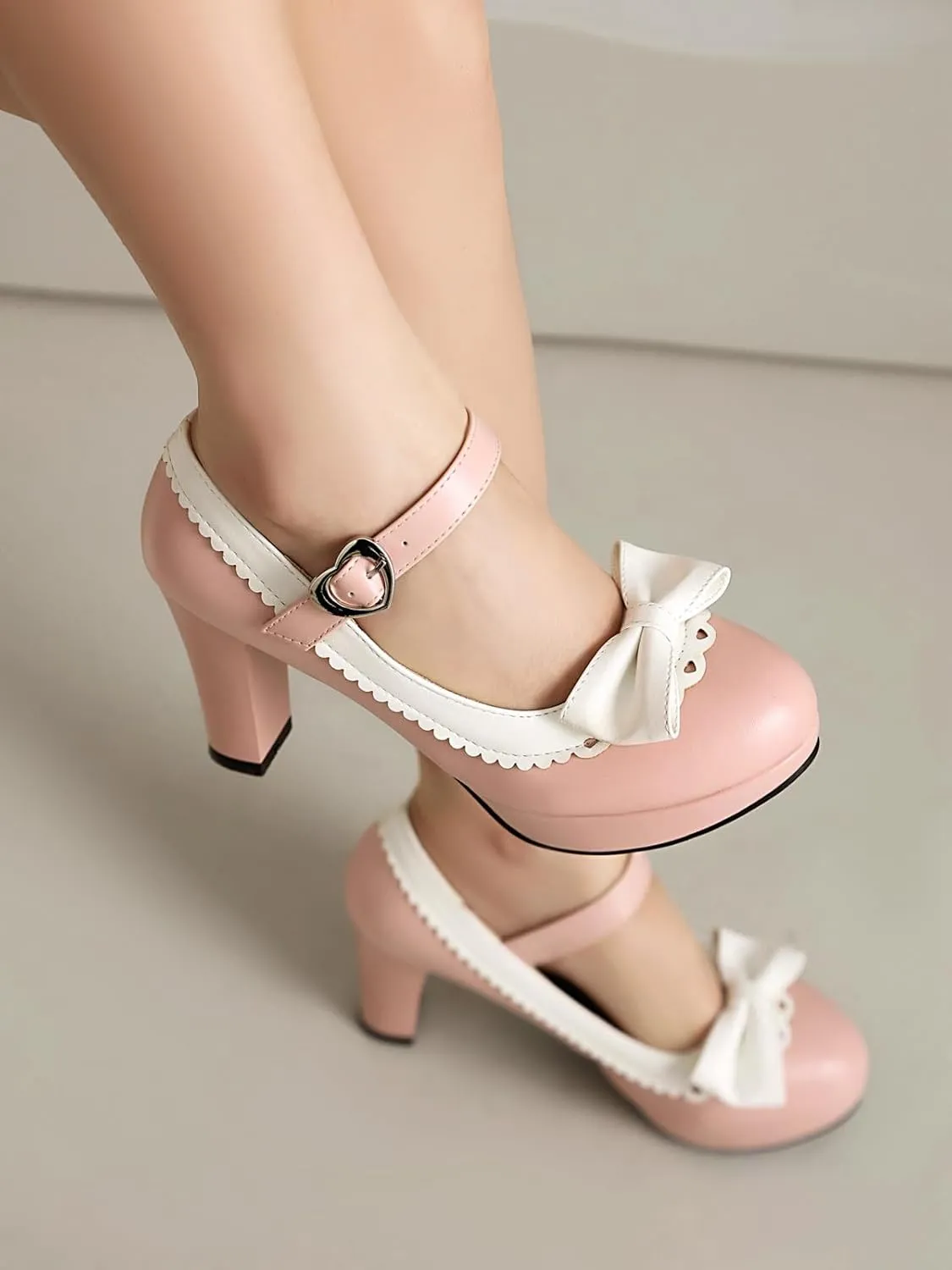 SACFOF Woman's High Heel Lolita Shoes Platform Cute Bowknot Mary Jane Shoes Dress Round Toe Pumps Shoes