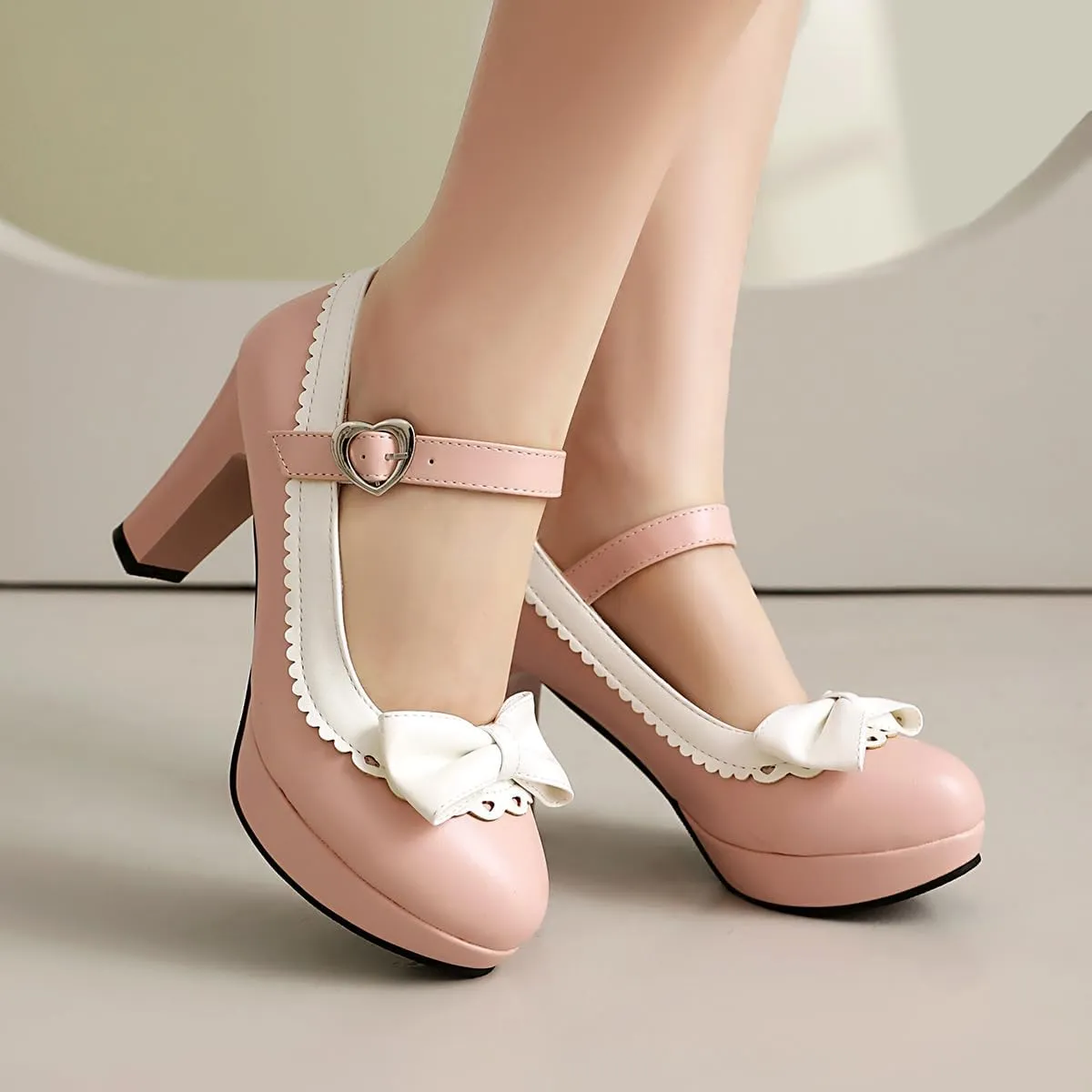 SACFOF Woman's High Heel Lolita Shoes Platform Cute Bowknot Mary Jane Shoes Dress Round Toe Pumps Shoes