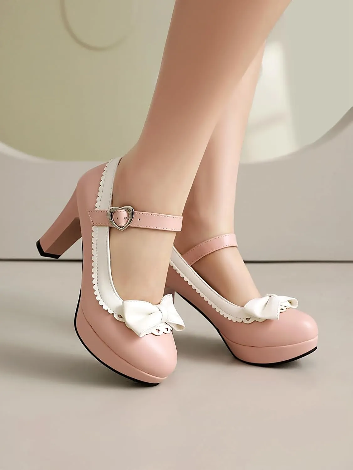 SACFOF Woman's High Heel Lolita Shoes Platform Cute Bowknot Mary Jane Shoes Dress Round Toe Pumps Shoes