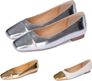 SHODENSE Women Cap Toe Flats Metallic Slip On Ballet Flats Square Closed Toe Comfortable Two-Toned Dress Flats Colorblock Flat Heel Work Shoes Office Ladies Patchwork Bridal Wedding Casual 4-13 M US