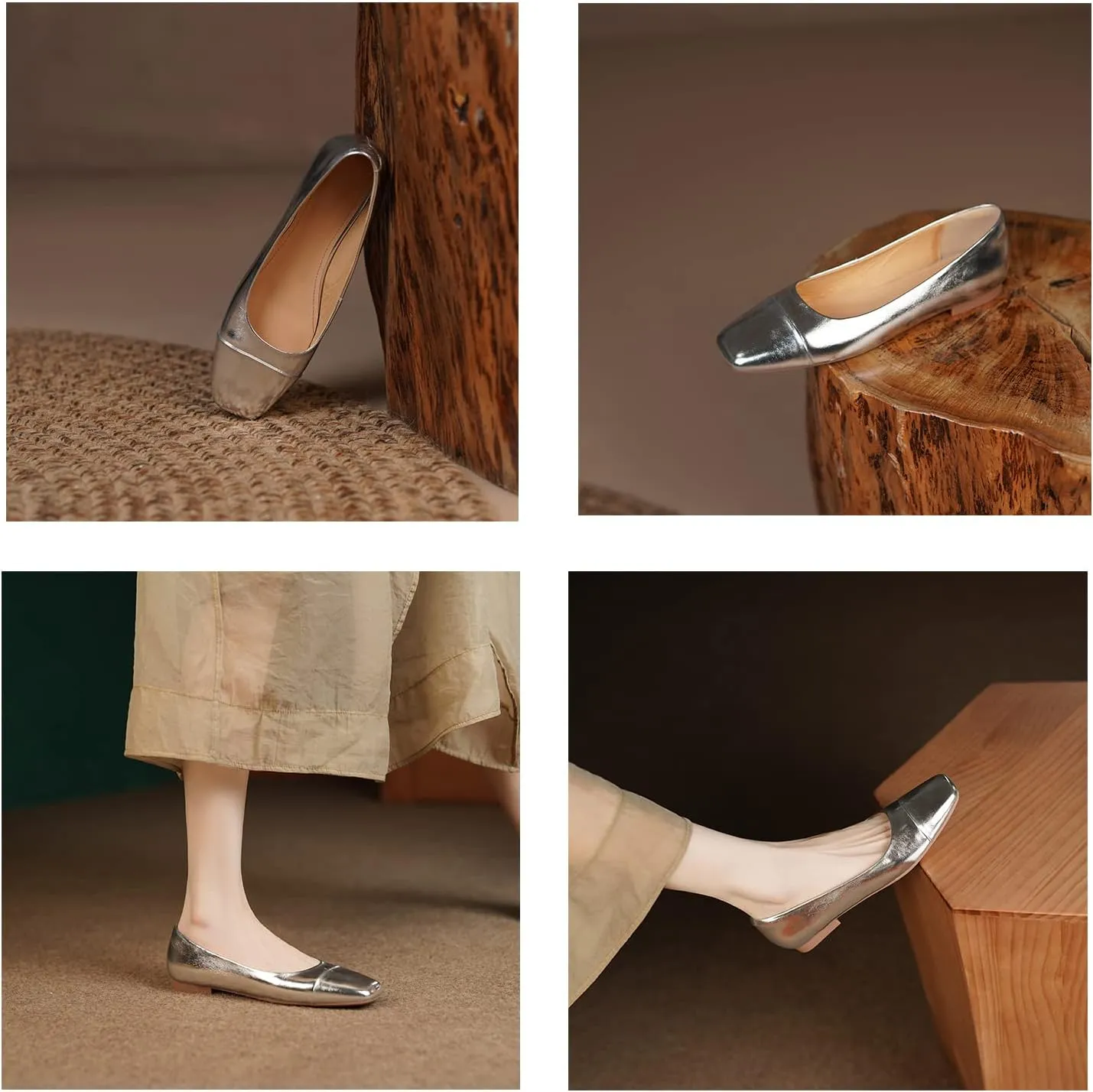 SHODENSE Women Cap Toe Flats Metallic Slip On Ballet Flats Square Closed Toe Comfortable Two-Toned Dress Flats Colorblock Flat Heel Work Shoes Office Ladies Patchwork Bridal Wedding Casual 4-13 M US