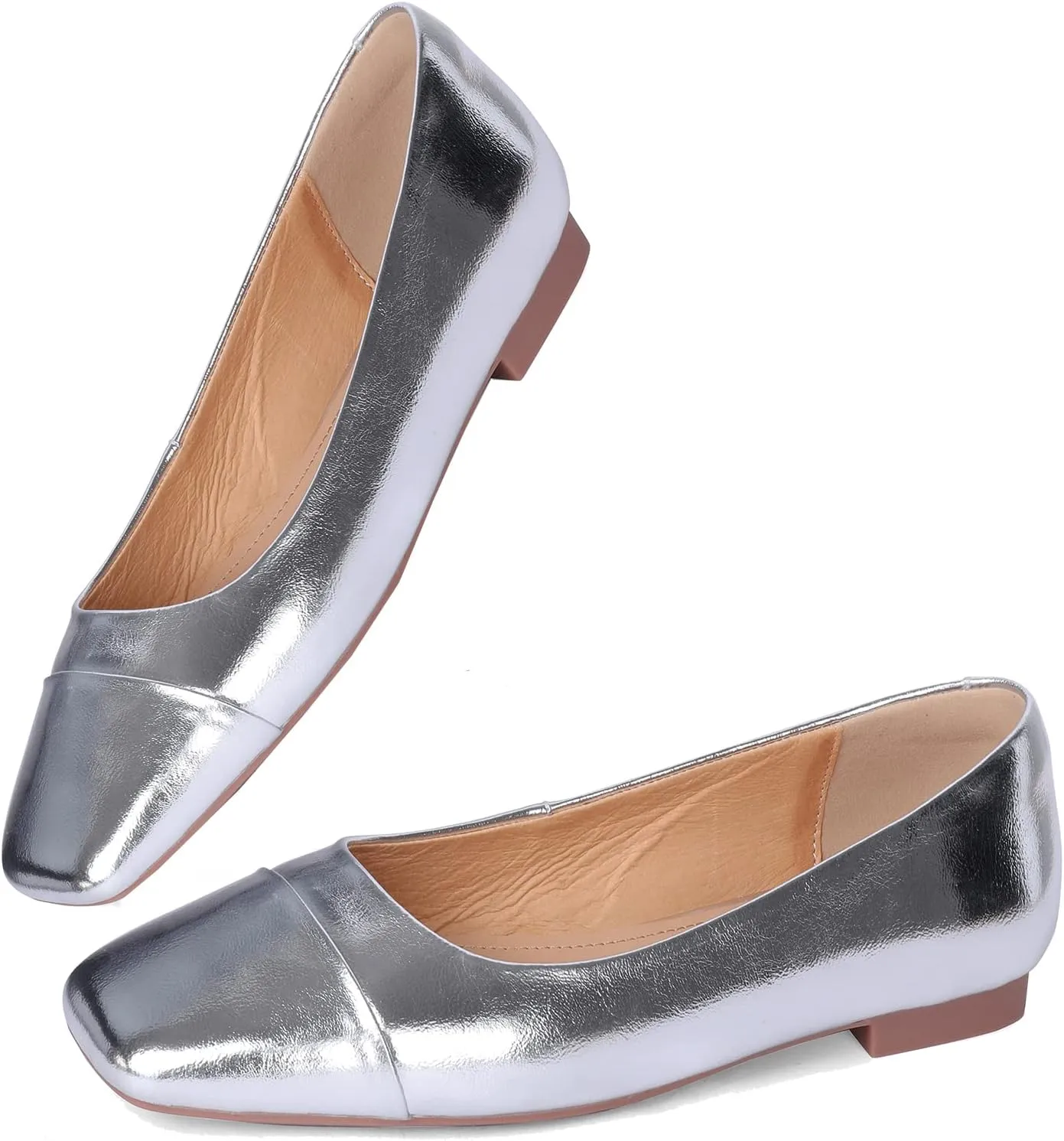 SHODENSE Women Cap Toe Flats Metallic Slip On Ballet Flats Square Closed Toe Comfortable Two-Toned Dress Flats Colorblock Flat Heel Work Shoes Office Ladies Patchwork Bridal Wedding Casual 4-13 M US