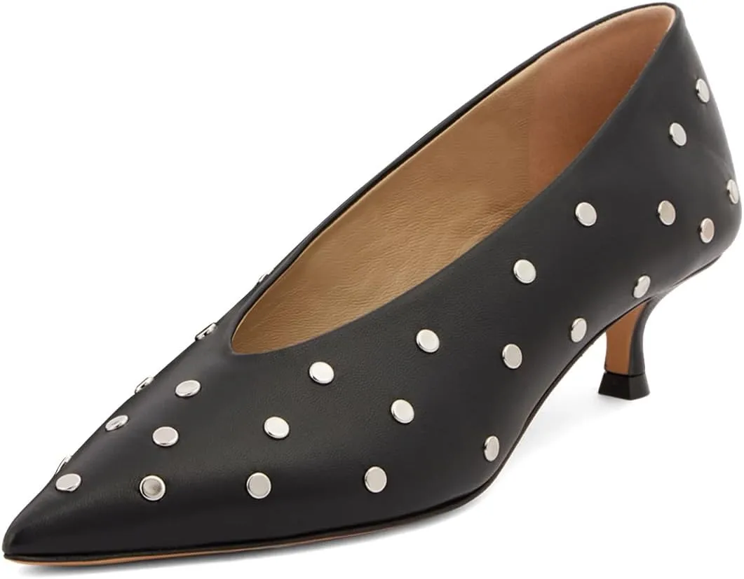 Women Unique Studded Low Kitten Heels Pointed Toe V-Cut Slip on Pumps Party Dress Business Office Shoes Size 4-16 US