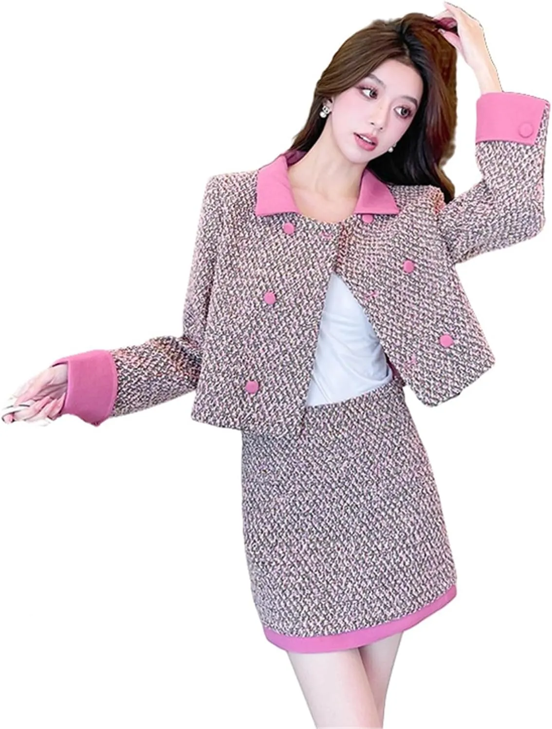 Women's Autumn Sweet Age Reducing Tweed Style Jacket Skirt Set