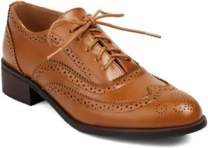 Women's Perforated Lace Up Low Heel Block Oxfords Round Closed Toe Patchwork Color Wingtip Flats Pumps Comfortable Brogue Derby Saddle Shoes