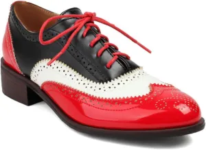 Women's Perforated Lace Up Low Heel Block Oxfords Round Closed Toe Patchwork Color Wingtip Flats Pumps Comfortable Brogue Derby Saddle Shoes