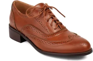 Women's Perforated Lace Up Low Heel Block Oxfords Round Closed Toe Patchwork Color Wingtip Flats Pumps Comfortable Brogue Derby Saddle Shoes