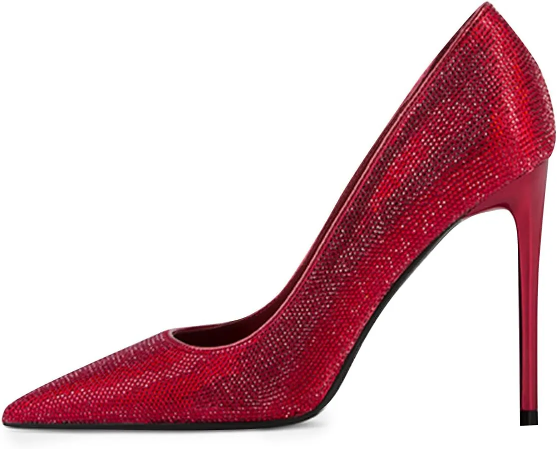 XYD Women Vintage Pointed Toe Stiletto Heels Pumps Rhinestone Studded Slip On Sparkly Nightclub Prom Sexy Dress Party Shoes