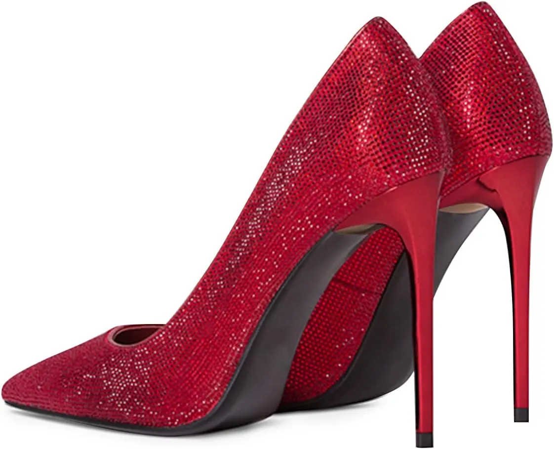 XYD Women Vintage Pointed Toe Stiletto Heels Pumps Rhinestone Studded Slip On Sparkly Nightclub Prom Sexy Dress Party Shoes