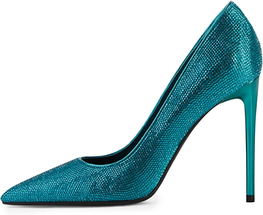 XYD Women Vintage Pointed Toe Stiletto Heels Pumps Rhinestone Studded Slip On Sparkly Nightclub Prom Sexy Dress Party Shoes