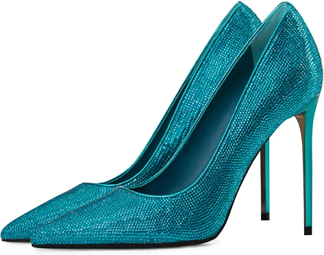 XYD Women Vintage Pointed Toe Stiletto Heels Pumps Rhinestone Studded Slip On Sparkly Nightclub Prom Sexy Dress Party Shoes