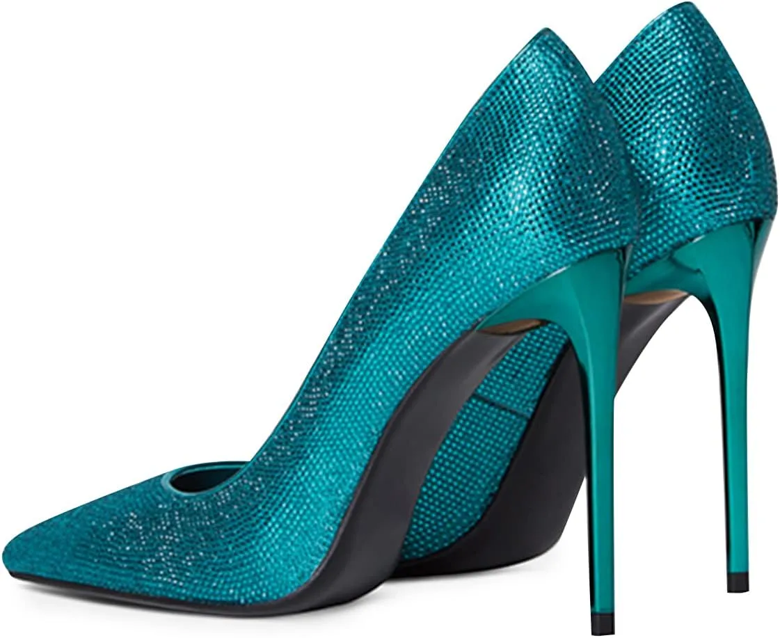 XYD Women Vintage Pointed Toe Stiletto Heels Pumps Rhinestone Studded Slip On Sparkly Nightclub Prom Sexy Dress Party Shoes