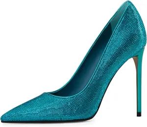 XYD Women Vintage Pointed Toe Stiletto Heels Pumps Rhinestone Studded Slip On Sparkly Nightclub Prom Sexy Dress Party Shoes