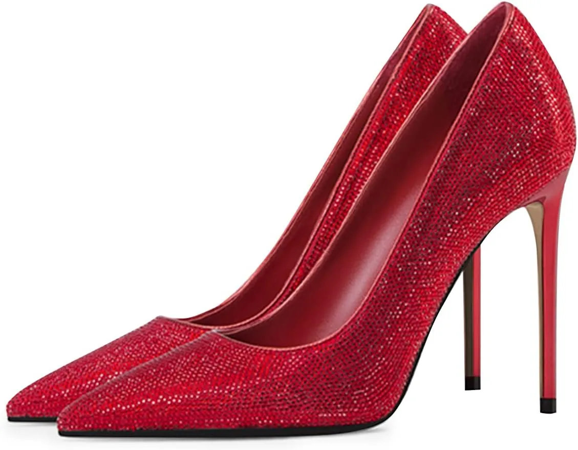 XYD Women Vintage Pointed Toe Stiletto Heels Pumps Rhinestone Studded Slip On Sparkly Nightclub Prom Sexy Dress Party Shoes